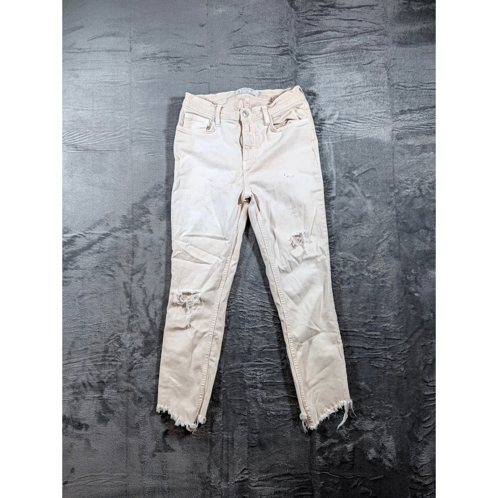 We The Free People Distressed Skinny Jeans Off White Peach Frayed Cropped Sz 28